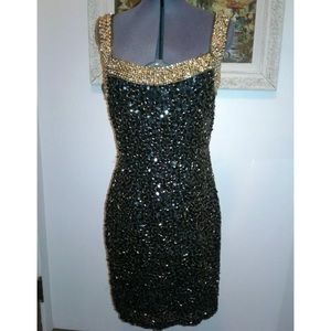 80's beaded sequin black & gold silk party dress